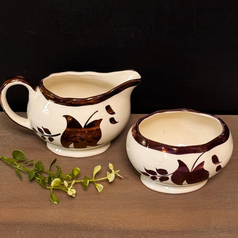 Lancaster Sandland England Copper Luster Cream and Sugar Set Leaf Design Vintage